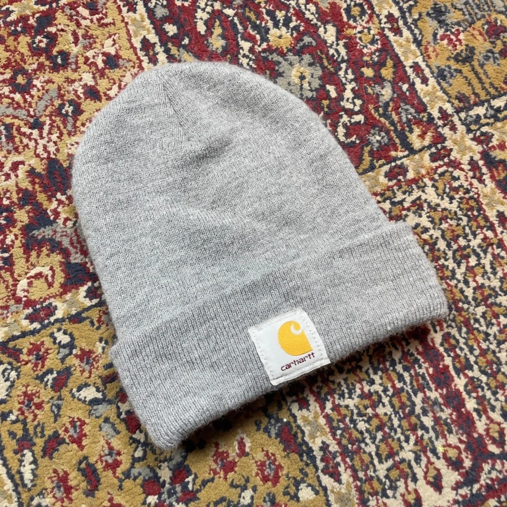 Carhartt A18 HGY Mens Gray Acrylic‎ Knit Beanie Hat One Size Winter Logo USA